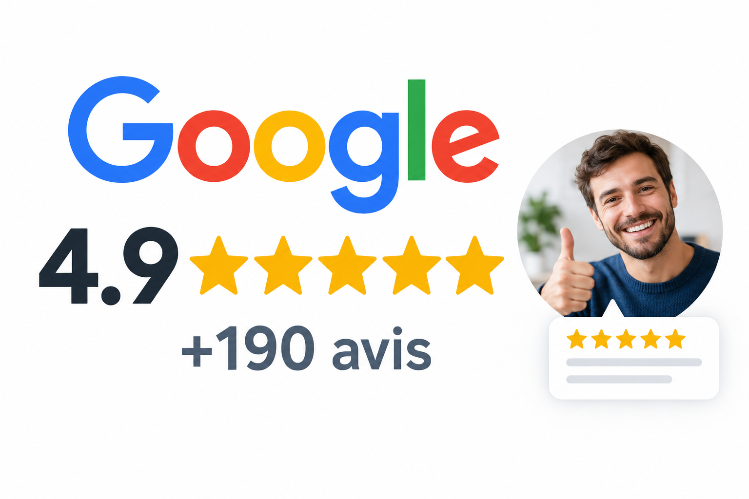 Avis Google 4,9 étoiles avec client satisfait